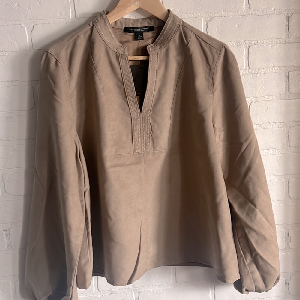 Andrew Marc New York Mushroom Polyester “Suede look” Peasant Blouse size S or L
